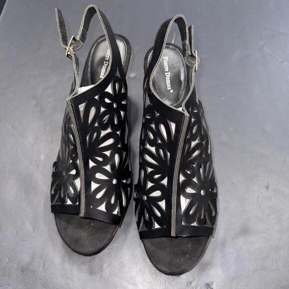 Pierre Dumas Black Tooled Faux Leather Classic Chic Boho Wedge Sandal Platform - Picture 4 of 15